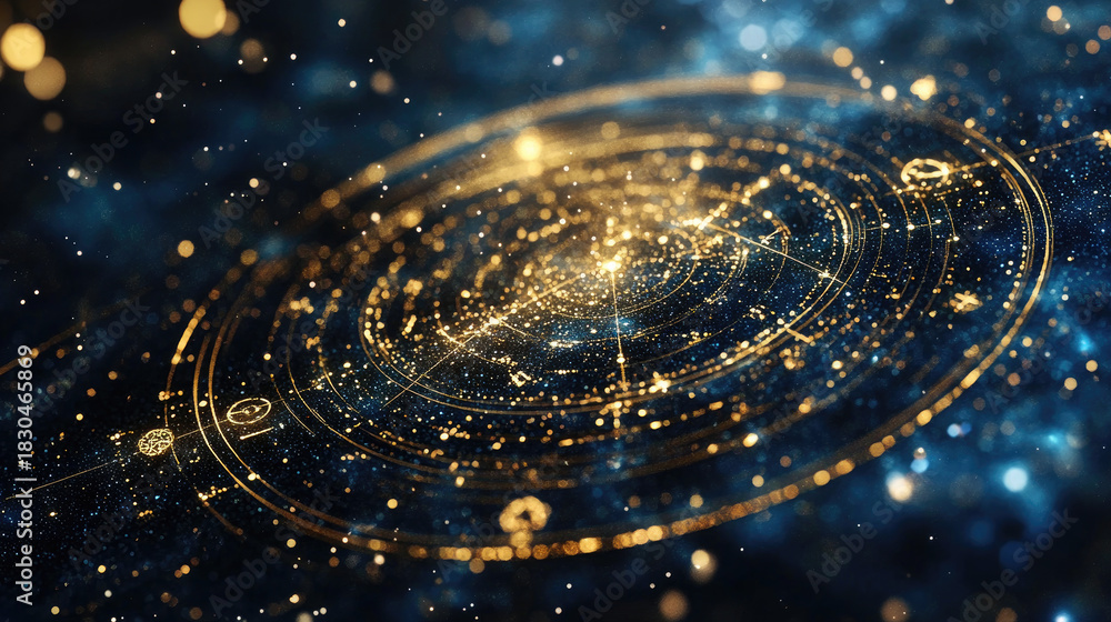 Obraz premium Zodiac wheel spinning on starry night sky, mystical astrology concept with horoscope and star signs, cosmic background, copy space