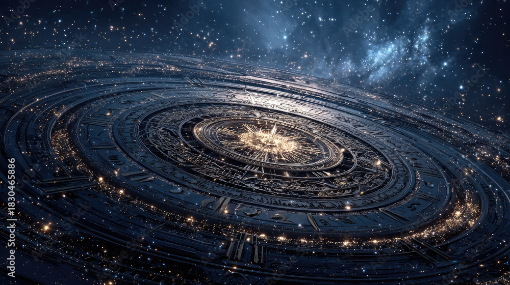 Obraz premium Zodiac wheel spinning on starry night sky, mystical astrology concept with horoscope and star signs, cosmic background, copy space