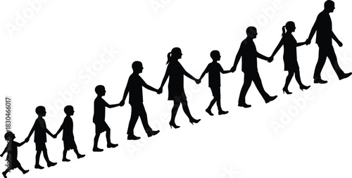 Human growth silhouette sequence, child to adult progression, black and white illustration, generational connection concept, life stages, white background