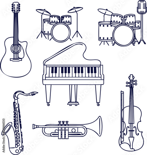 Explore a symphony of musical instruments guitar saxophone trumpet piano drums violin for music education posters and vibrant creative projects