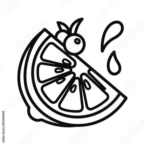 Citrus Slice with Berry Garnish and Juice Splashes Outline Icon