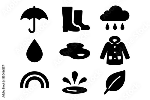 Minimalist weather icons collection: umbrella, raindrop, rainbow, leaf