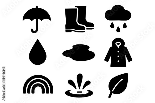 Monochrome weather icons: umbrella, raincoat, boots, and nature symbols