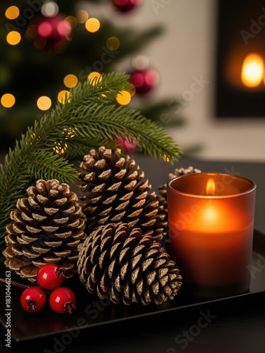 Warm Christmas Candle Decoration with Pinecones and Holiday Lights