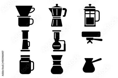 Silhouette icons of coffee makers: moka, drip, french press, espresso