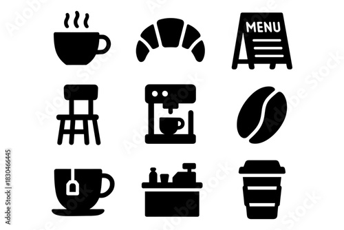 Coffee shop icons: essential silhouettes of cafe culture and decor