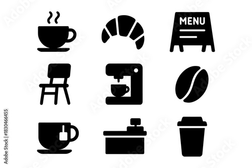 Cafe icons set: coffee, bakery, and beverage symbols in silhouette