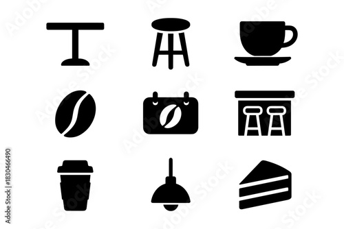 Coffee shop icons set: tables, cups, stools, and more in silhouette style
