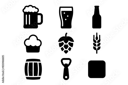 Craft beer icons set: essential brewing elements in bold silhouette style