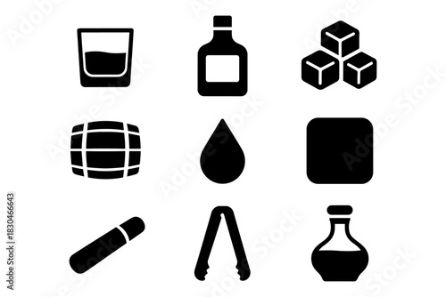 Whiskey icons set: barrels, bottles, and glasses in simple black design