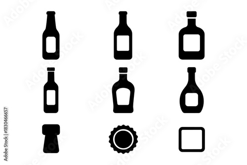 Set of beverage bottle silhouettes with caps and cork icons on white background