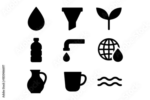 Simple black water element icons: sustainability, conservation, and natural resources