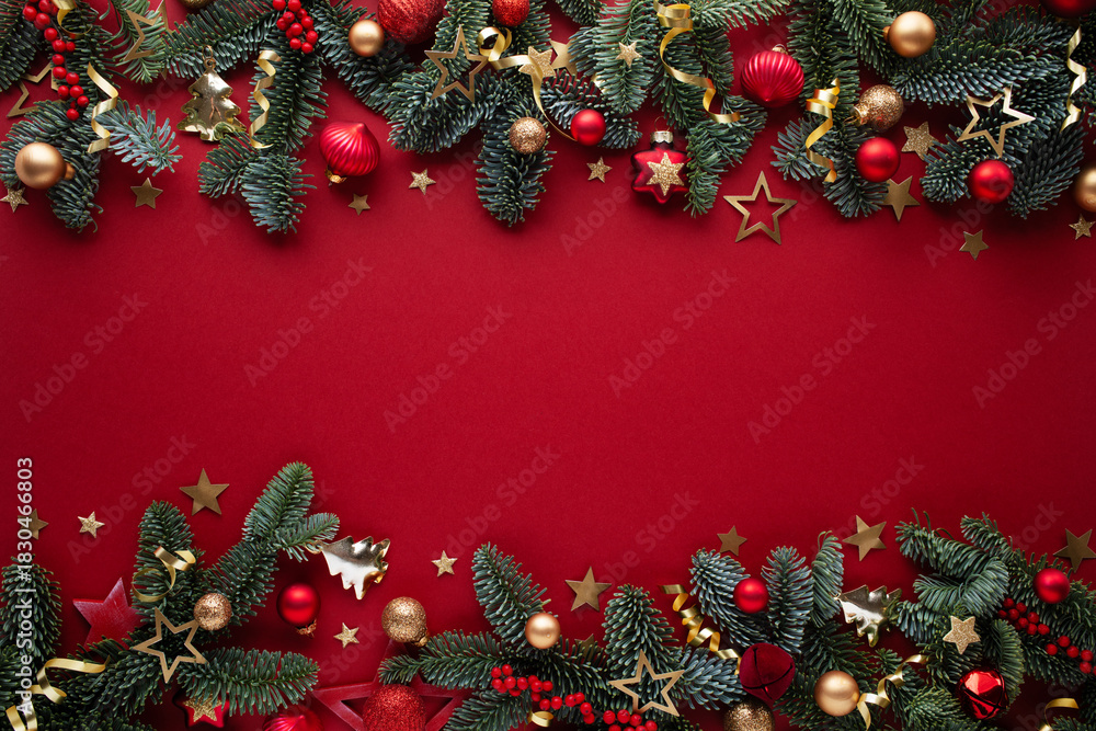 Obraz premium Bright and festive Christmas border with composition of fir branches, red berries and golden baubles on red background with empty space for your design.