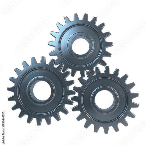 Three interconnected metallic gears meshing together in a triangular formation isolated on transparent background