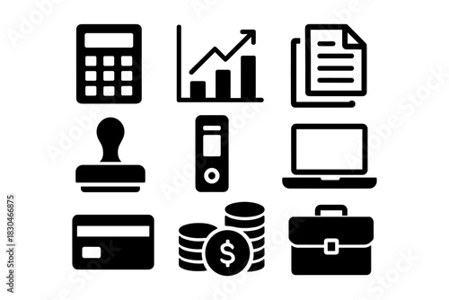 Business finance icons: calculator, graphs, and documents in bold black style