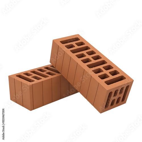 Two red clay bricks with hollow cores stacked together isolated on transparent background