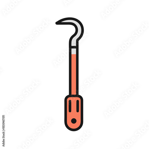 A minimalist two dimensional graphic illustration of a crowbar tool in flat vector art sticker style with a coral handle and grey metal hook on a black background