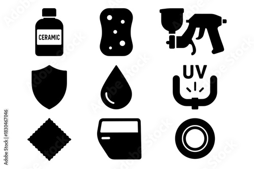 Auto detailing icons: ceramic coating, spray gun, and more in bold silhouette