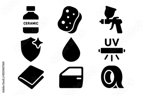 Car detailing icons: ceramic bottle, sponge, spray gun, uv light, shield, water drop, door, tape