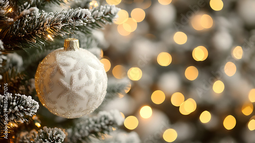 Christmas white decoration ball and spruce tree close-up, bokeh lights background. Merry Christmas.