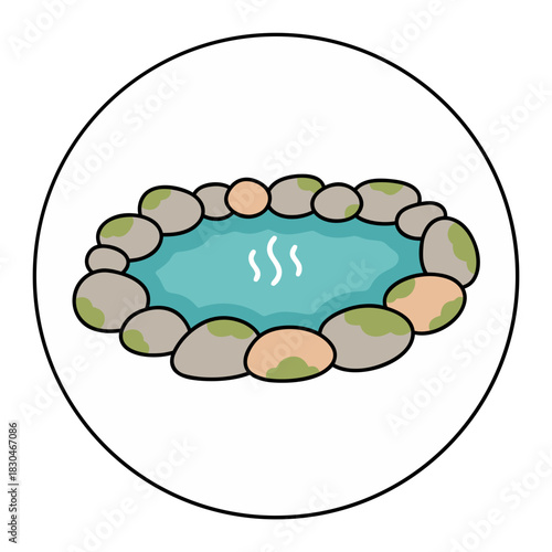 A simple illustration of a hot spring with steam rising surrounded by stones within a white circle