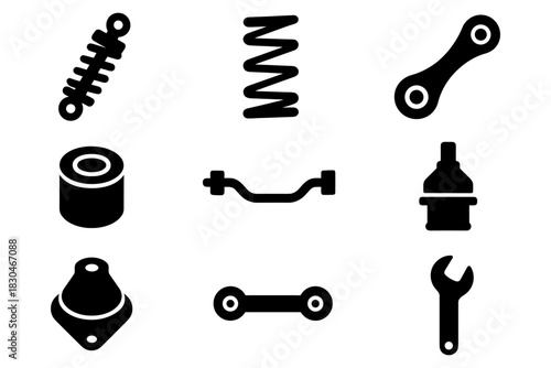Car suspension and repair tools icons set in black silhouette style