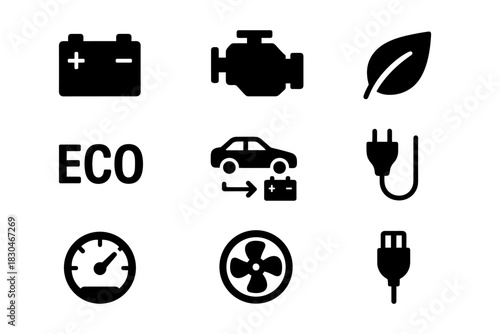 Eco-friendly car symbols: battery, engine, leaf, and more