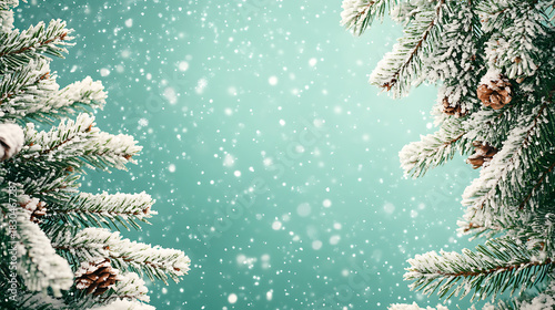 Christmas frame with a Christmas spruce tree on a green snow background. Merry Christmas greeting card, banner, frame, border. Winter holiday festive theme.