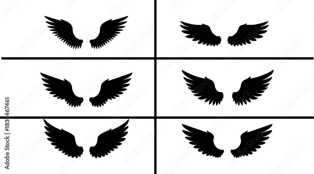 Fototapeta premium Set of six black stylized wing icons isolated on