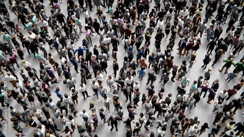 Overhead view of a large crowd of diverse people standing and talking together.