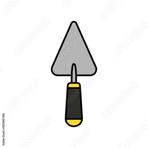 Black Background Simple Trowel Icon with Gray Metal Blade Black and Yellow Handle and Black Shaft Isolated