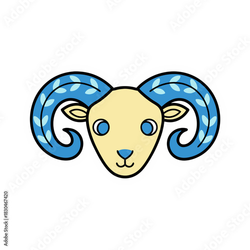 Aries Zodiac Sign Stylized Flat Vector Art Illustration With Blue and Light Blue Swirls on Horns Against White Background