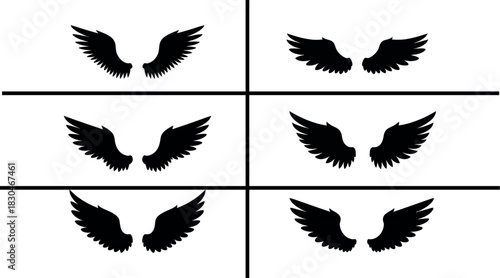 Set of six black stylized wing icons isolated on