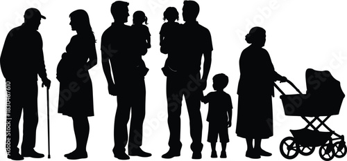 Human life cycle silhouette, seven figures from infancy to old age, black and white illustration, aging and family concept, white backgroun