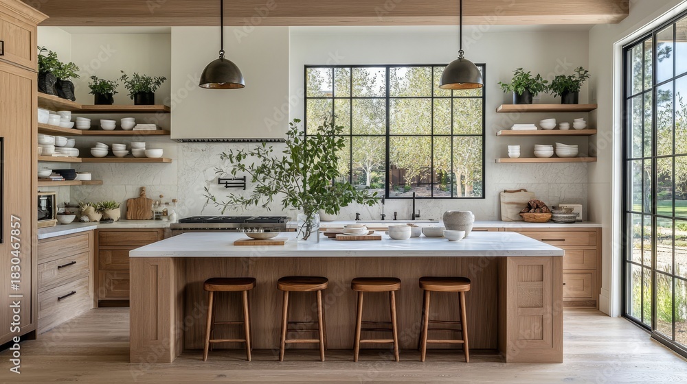 Fototapeta premium Open layout promotes warmth and comfort in the kitchen environment.