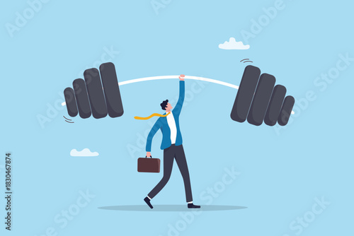 Energetic effort and brave authority, strong leadership to succeed, training to progress in work, confidence or motivation, strong businessman lifting heavy weight with all strength.