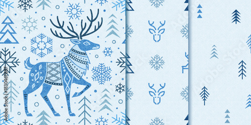 Set Christmas and New Year seamless pattern with deer and trees. Geometric winter ornament in Scandinavian minimalist style.