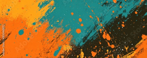 Abstract bsckground with splashes of orange, teal, and black.