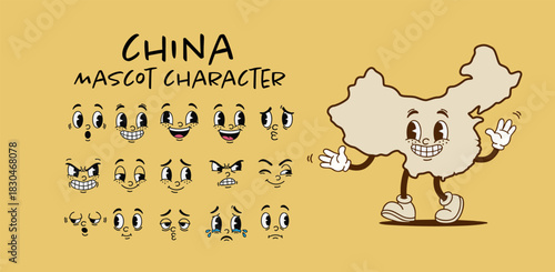 Vintage China country map mascot character with cartoon facial expression set