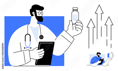 Doctor holding vial and tablet, assessing progress upward arrows symbolize growth and improvement. Ideal for healthcare, innovation, technology, medicine, research, success, professional growth