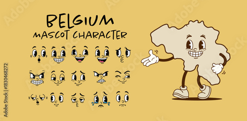 Vintage Belgium country map mascot character with cartoon facial expression set