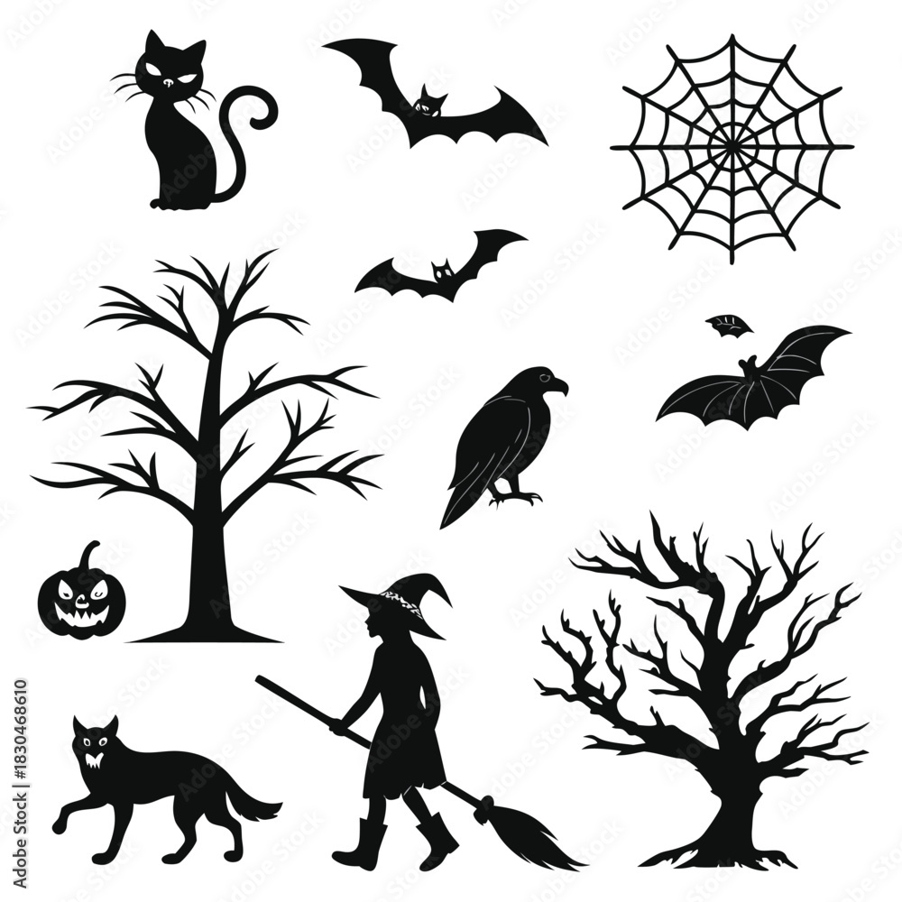Obraz premium Vector illustration of collection of black silhouette icons representing classic spooky and halloween themes like a witch, cat, bat, and tree