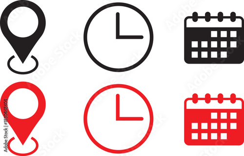 Calendar clock and location pin icons representing time date and place. Color business schedule and office time clock