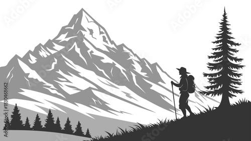 Vector illustration a lone hiker ascends a mountain trail, with a majestic peak towering in the background