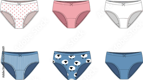Girls' Briefs Underwear Technical Drawing: Various Colors, Patterns, Fashion Flat Sketch for Children's Apparel, Comfortable, Cute Design Blueprint.