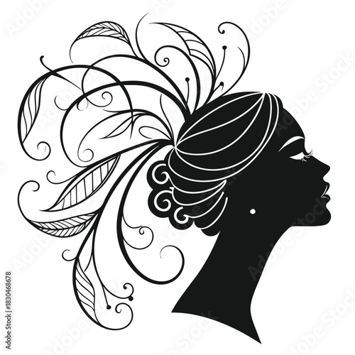 Vector illustration of silhouette profile of an elegant black woman with elaborate, decorative, swirling hair design