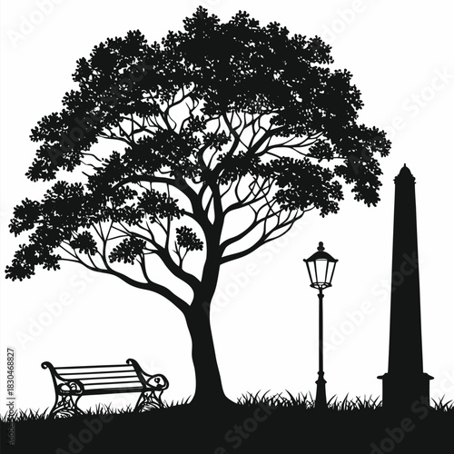 Vector illustration silhouette of a park scene with a tree, bench, lamppost, and obelisk for a peaceful and serene feel