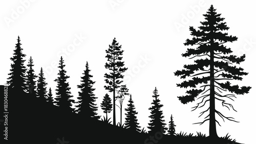 Vector illustration silhouette of a forest with various evergreen trees, creating a serene and natural scene