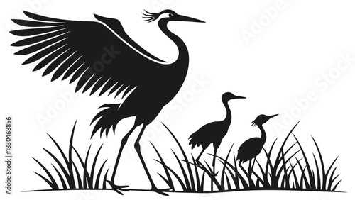 Vector illustration of silhouette of a large crane with wings spread standing next to two smaller juvenile birds in tall grass