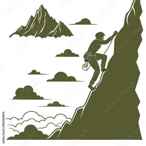 Vector illustration a climber ascends a steep rock face, with mountains and clouds in the background